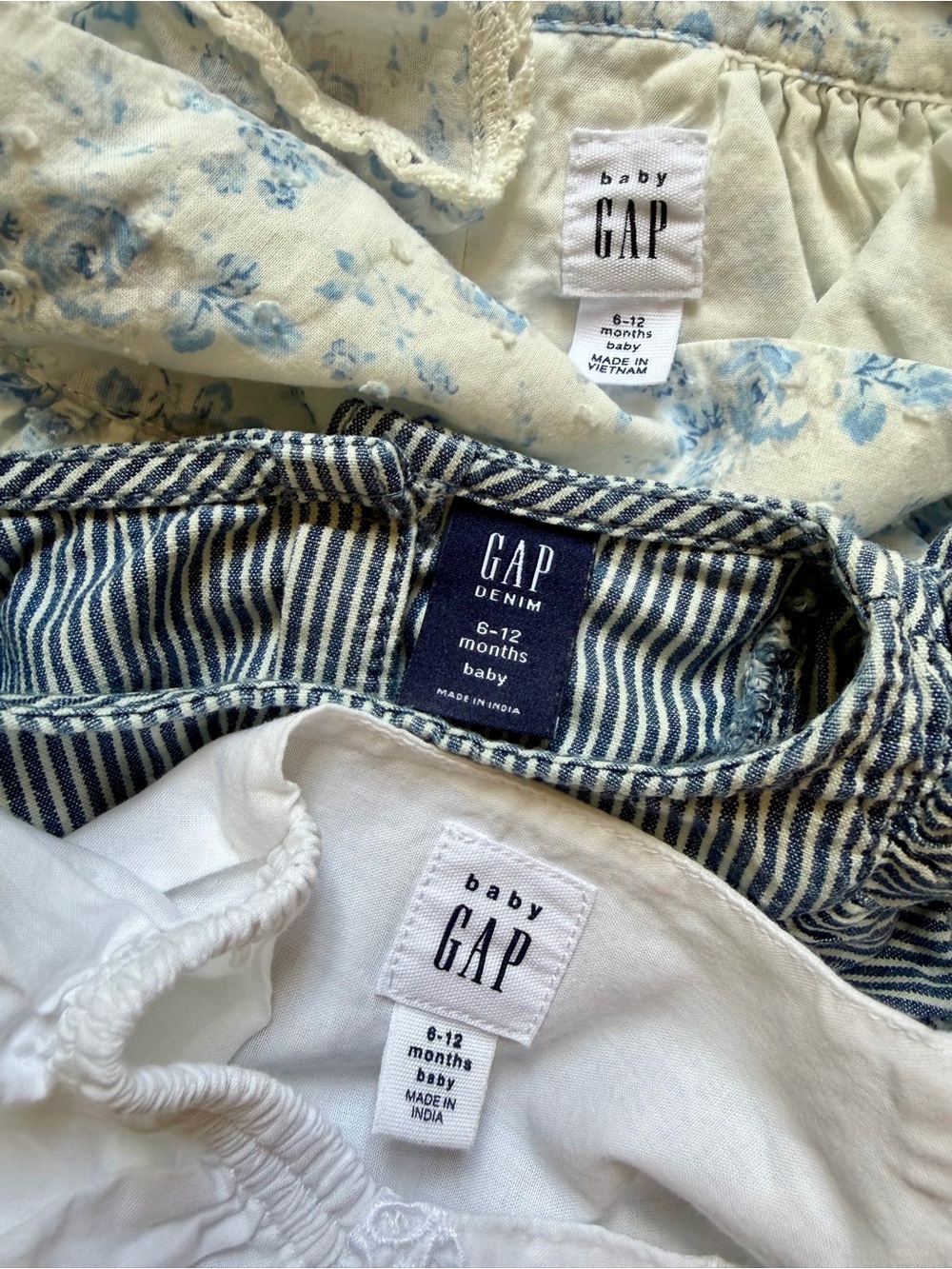 Baby GAP Dress Trio: Blue Floral, Navy Stripe & White Eyelet